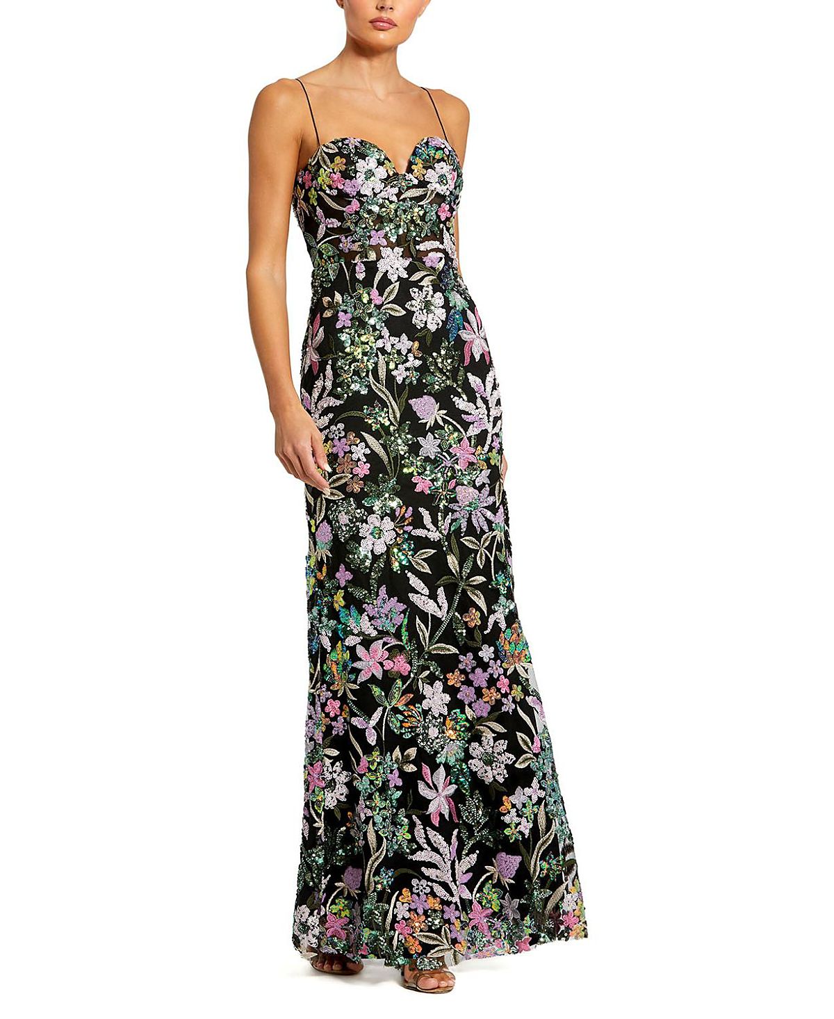 Mac Duggal Spaghetti Strap Bustier Embroidered Applique Gown