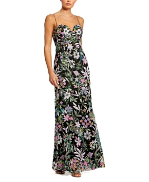 Mac Duggal Spaghetti Strap Bustier Embroidered Applique Gown In Black Multi