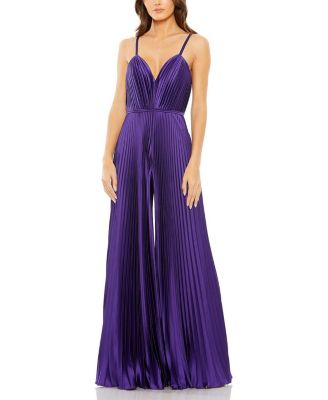 Pleated Plunge Neck Wide Leg Jumpsuit