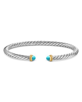 Sterling Silver & 14K Yellow Gold Cable Flex Turquoise Bracelet, 4mm