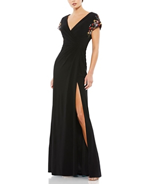 Shop Mac Duggal Embellished Sleeve Jersey Wrap Gown In Black Multi