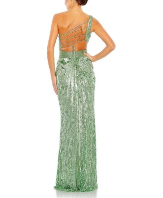 Mac Duggal Sequined One Shoulder Draped Lace Up Gown