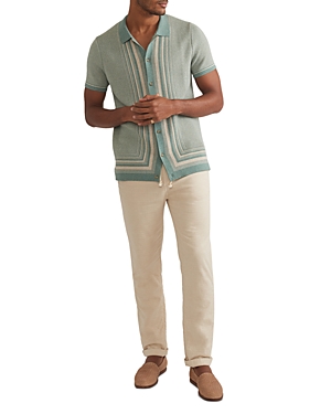 Shop Marine Layer Ethan Jacquard Short Sleeve Cardigan Sweater In Blue/oatmeal