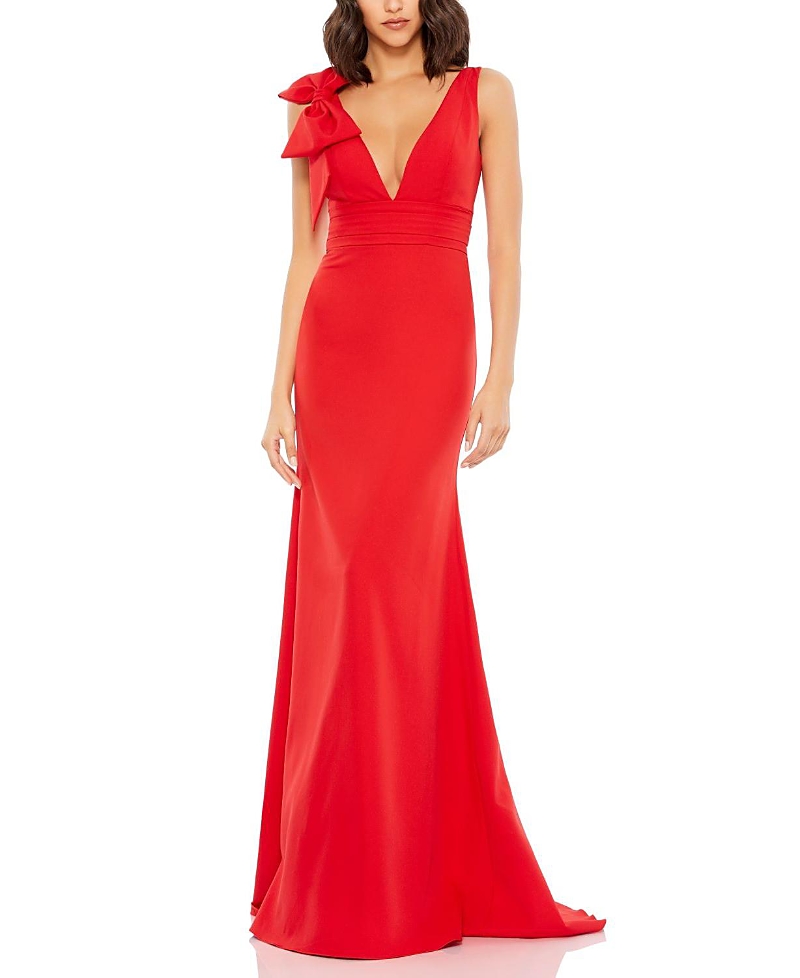 Ieena for Mac Duggal - Red Sleeveless V Neck Bow Detail Mermaid Gown - US 10