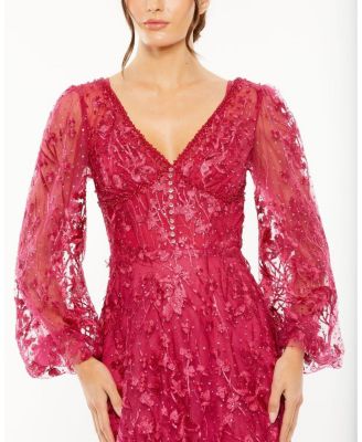 V Neck Puff Sleeve A Line Embroidered Gown