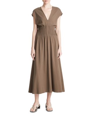 Vince - Cotton V Neck Pintucked Midi Dress