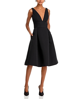 Shop Amsale Faille V-neck Fit-and-flare Dress In Black