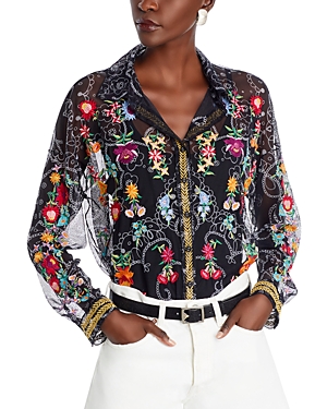 Shop Johnny Was Embroidered Button Front Mesh Shirt In Multi