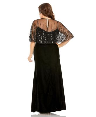  Plus Embellished Cape Sleeveless Velvet  Gown