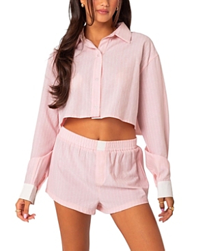 Edikted Lea Pinstripe Cropped Button-up Shirt In Light Pink