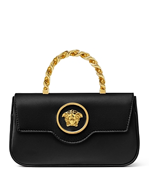 Versace La Medusa Small Satin Top Handle Bag In Black