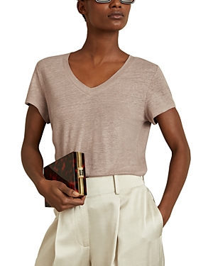 Reiss Mink Lottie Marled Linen V-neck T-shirt In Mink