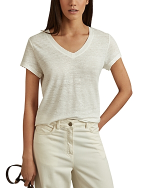 Reiss White Marled Linen V Neck T-shirt In White