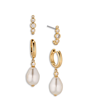 Siren Cubic Zirconia & Imitation Pearl Charm Hoop Earrings in 18K Gold Plated, Set of 2