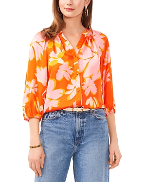 Vince Camuto Printed Button Front Blouse In Orange Multi