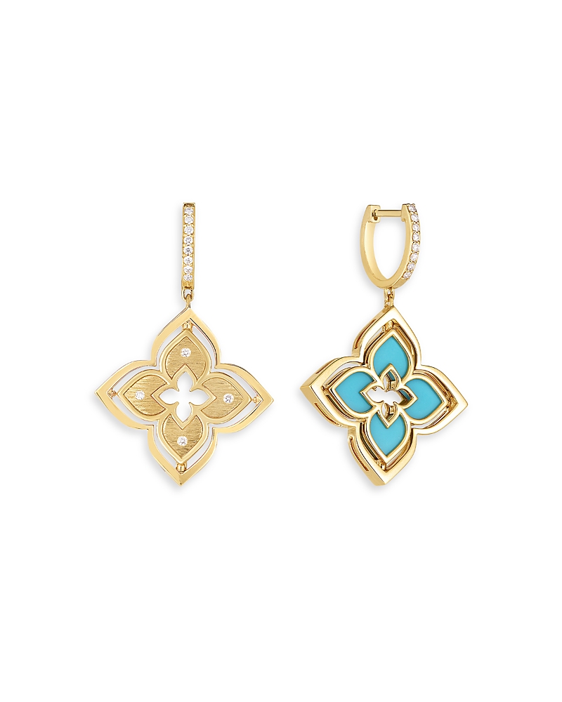 Roberto Coin 18k Yellow Gold Venetian Princess Pirouette Turquoise & Diamond Reversible Flower Drop Earrings In Blue/gold