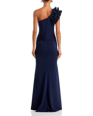 One Shoulder Ruffle Crepe Gown - Exclusive