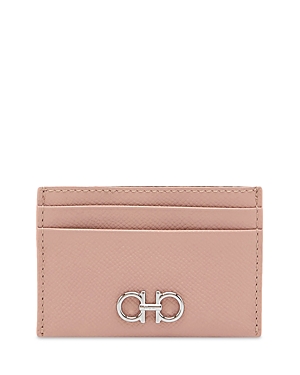 Shop Ferragamo Salvatore  Gancini Leather Card Case In Rose/new Blush/silver