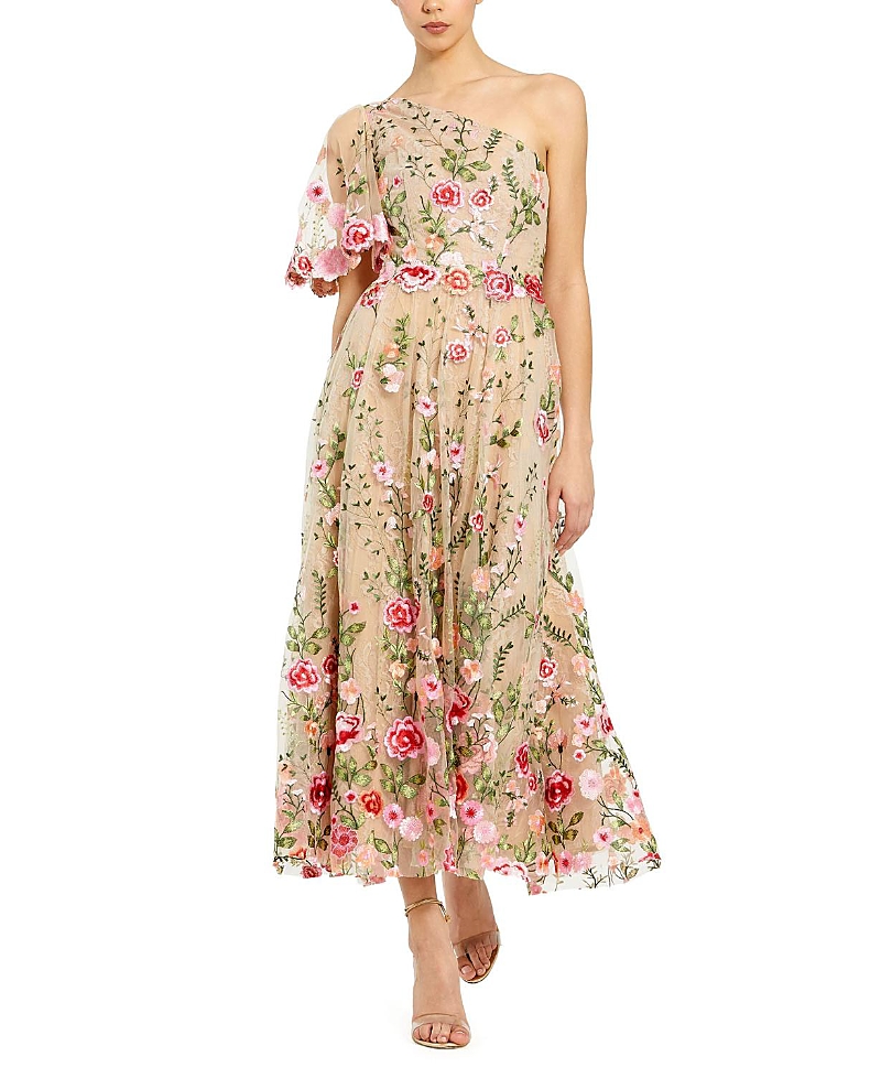 Mac Duggal One Shoulder Floral Lace Embroidered Dress In Pink Multi