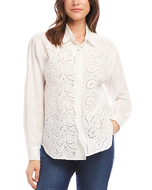 Karen Kane Embroidered Button Front Shirt In White