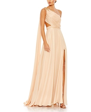 Shop Mac Duggal Float One Shoulder Open Back Flowy Gown In Gold Nude Tone