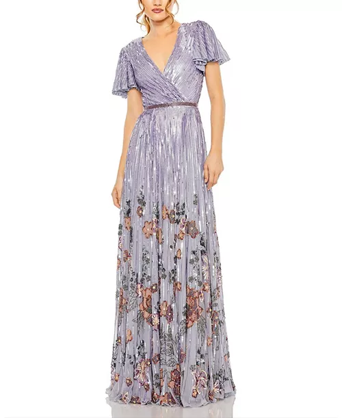 flounce sleeve v neck gown