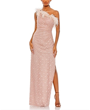 Mac Duggal Embellished One Shoulder Feathered Gown In Pink