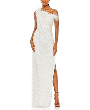 Shop Mac Duggal Embellished One Shoulder Feathered Gown In White