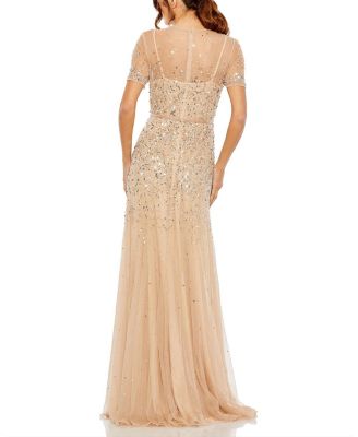 High Neck Short Sleeve Sequin Embellished Gown