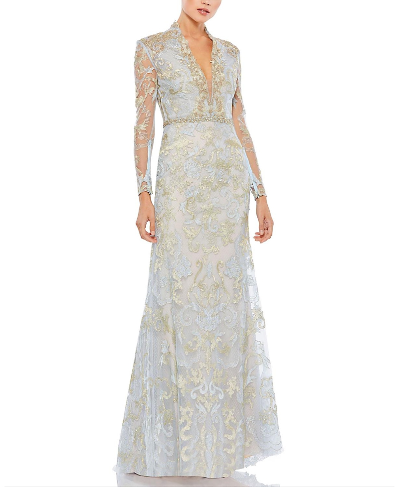 Mac Duggal Long Sleeve Applique V-Neck Gown