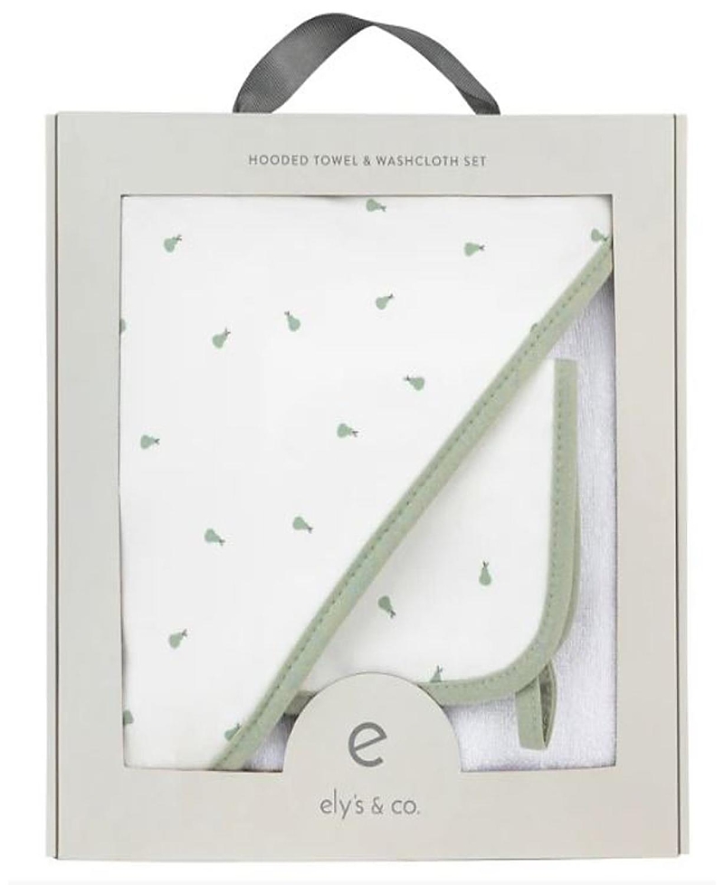 Ely's & Co. Unisex Hooded Towel & Washcloth - Baby In Sage Pears