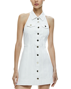 Shop Alice And Olivia Kendall Denim Halter Dress In Off White