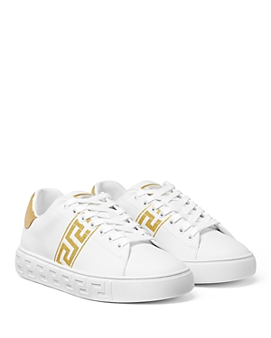 Shop Versace Women's Embroidered Lace Up Sneakers In White/gold
