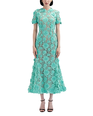 Shop Oscar De La Renta Floral Guipure Flare Skirt Dress In Soft Mint