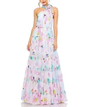 Shop Mac Duggal Floral Print Asymmetrical Halter Neck Tiered Gown In Multi