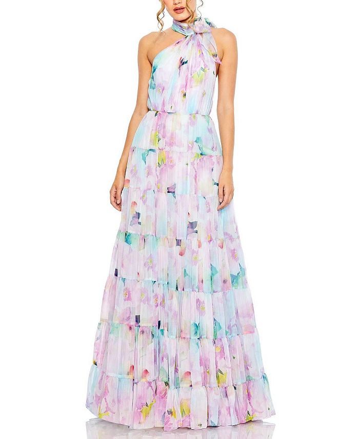 Mac Duggal Tiered Column Gown with Floral Appliqué, Burgundy - Size 12
