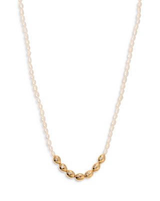 Pav&eacute; & Cultured Freshwater Pearl Polished Pebble Beaded Collar Necklace in 18K Gold Plated, 15"-18" 
