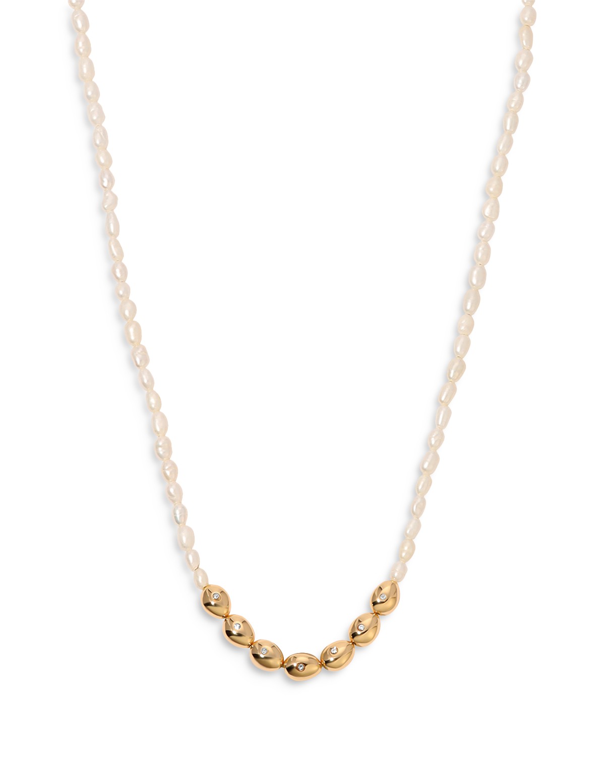 Pavé & Cultured Freshwater Pearl Polished Pebble Beaded Collar Necklace in 18K Gold Plated, 15"-18"