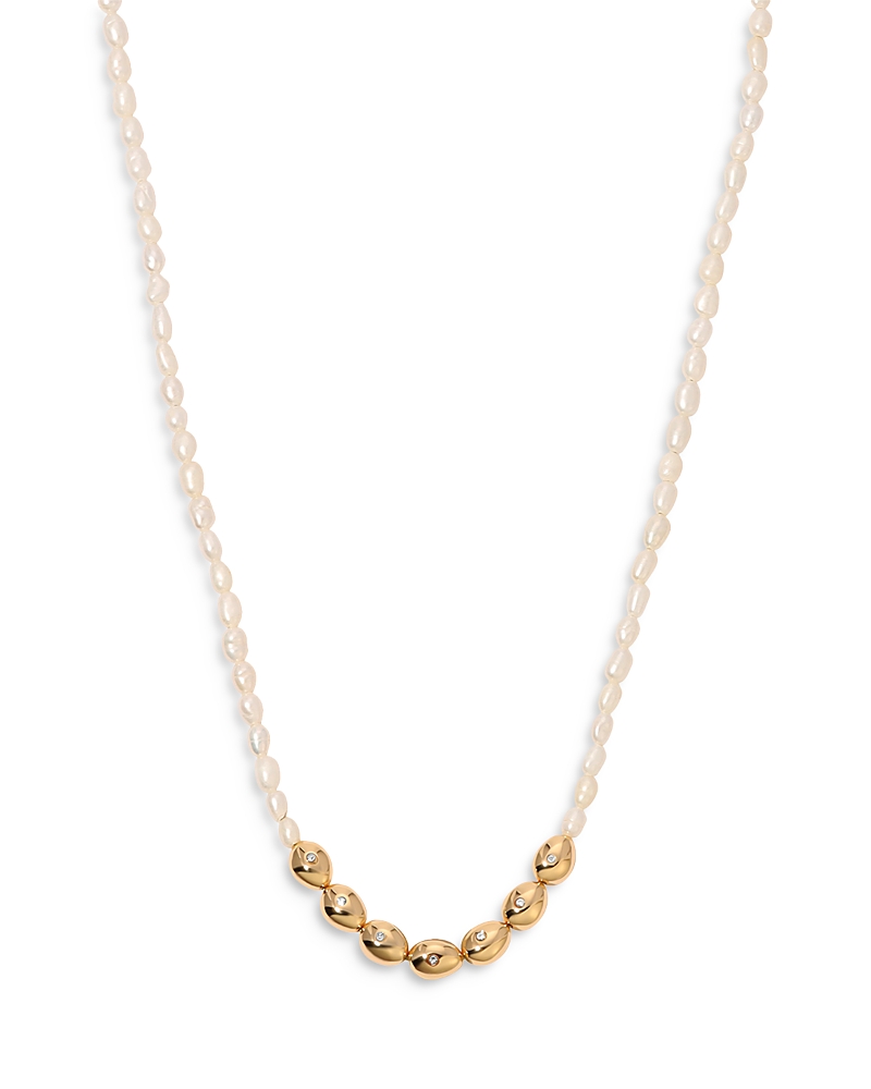 Ettika Pave & Cultured Freshwater Pearl Polished Pebble Beaded Collar Necklace in 18K Gold Plated, 15