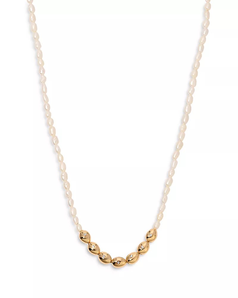 Ettika Pave & Cultured Freshwater Pearl Polished Pebble Beaded Collar Necklace in 18K Gold Plated, 15
