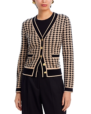 C By Bloomingdale's Cashmere Houndstooth Contrast Trim Cashmere Cardigan - Exclusive In Black/honey