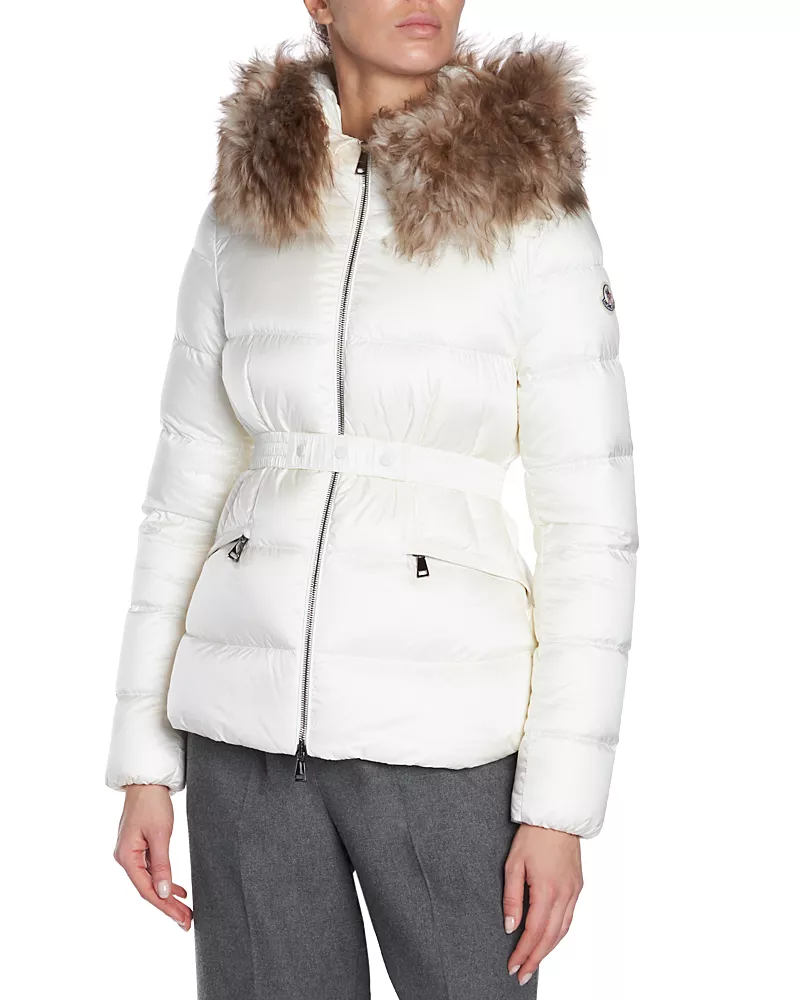 Moncler Boed Belted Down Jacket with Shearling Hood Trim