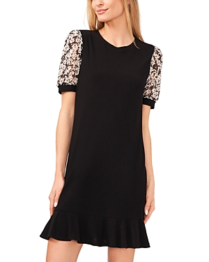 Shop Cece Puff Sleeve Mixed Media Knit Dress In Rich Black