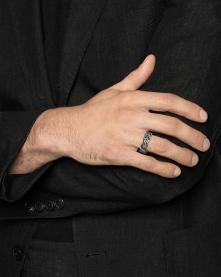 Men's Curb Chain Band Ring in Sterling Silver with Black Diamonds, 8mm