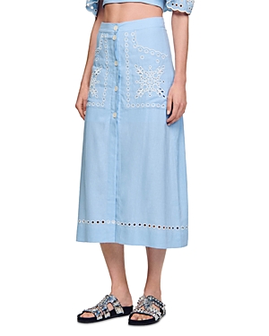 Shop Sandro Alona Eyelet Midi Skirt In Sky Blue