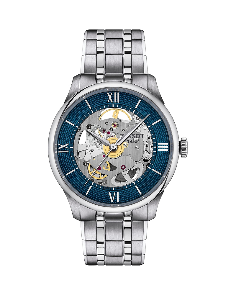 Tissot Men's Swiss Automatic Chemin Des Tourelles Skeleton Stainless Steel Bracelet Watch 39mm In Silver