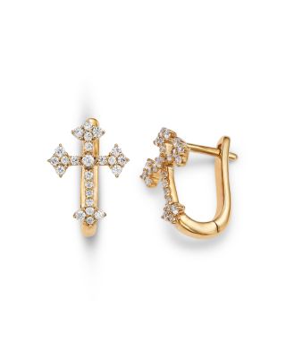 Diamond Cross Hoop Earrings in 14K Yellow Gold, 0.25 tcw 