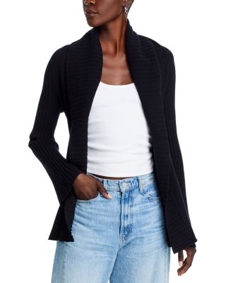 Aqua by Bloomingdales Cashmere Open Cardigan Black Small 2024 Leather Trim Pockets