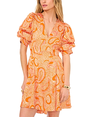 1.state Abstract Print Bubble Sleeve Minidress In Russet Orange