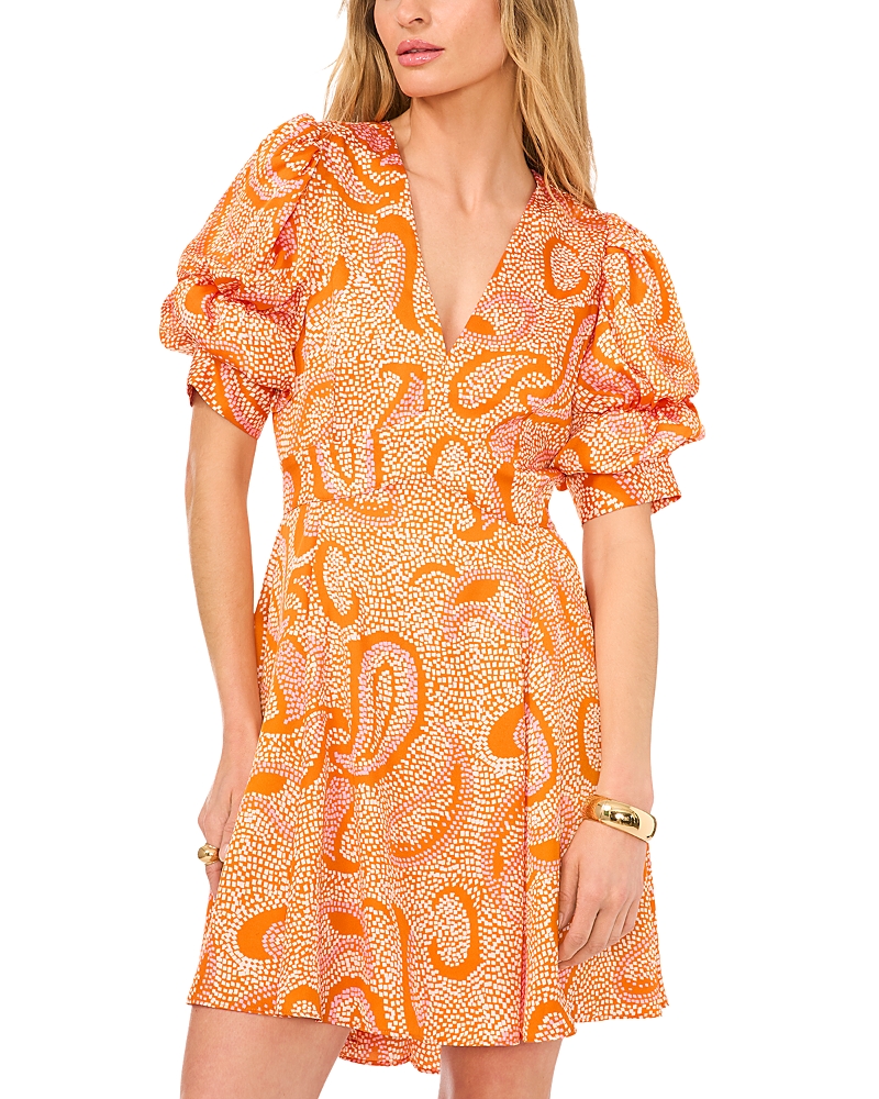1.state Abstract Print Bubble Sleeve Minidress In Russet Orange